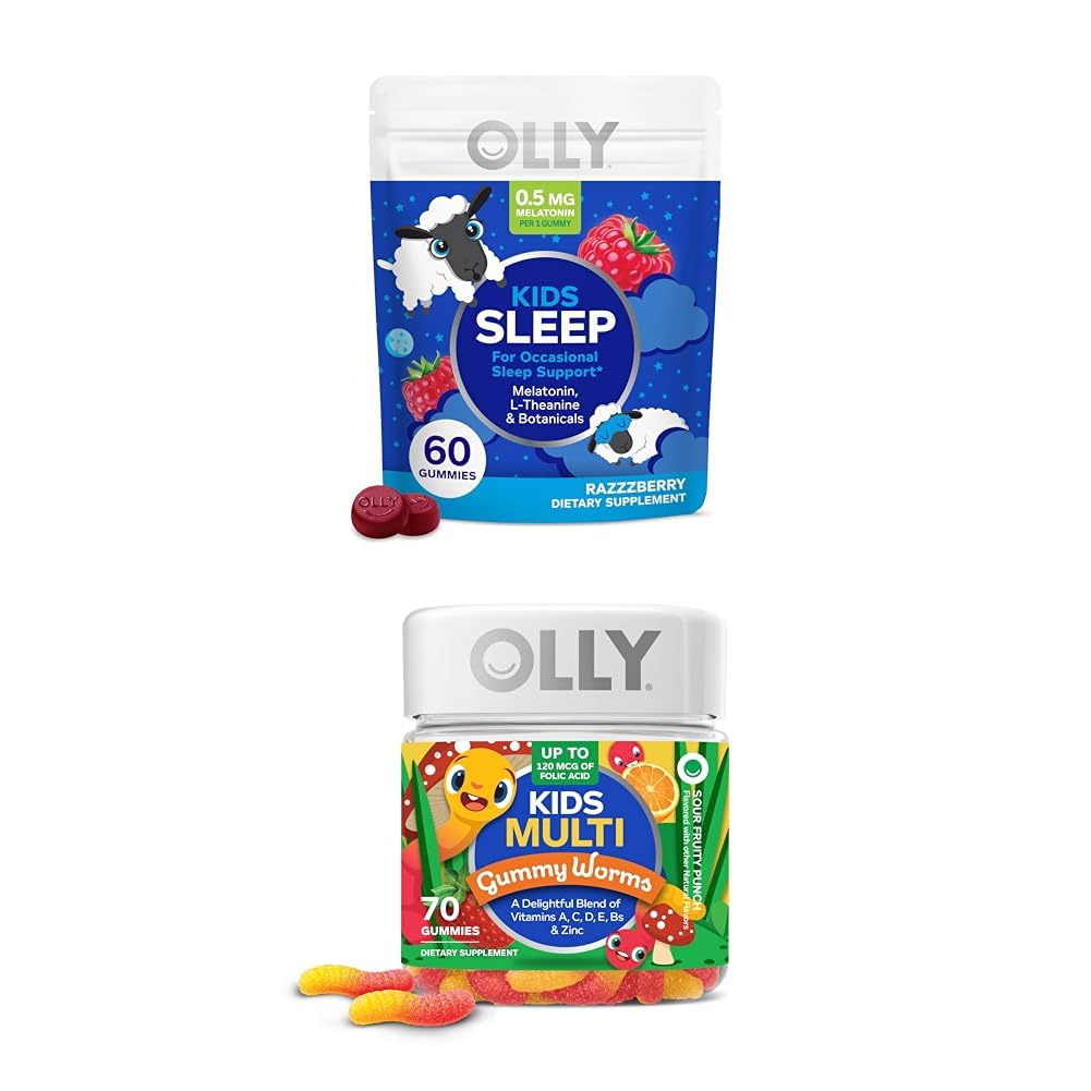OLLY Kids Sleep Gummy, Melatonin, L Theanine, Rumianek, 60 Count and Kids Multivitamin Gummy Worms, Vitamin A C D E Bs Cynk, 70 Count