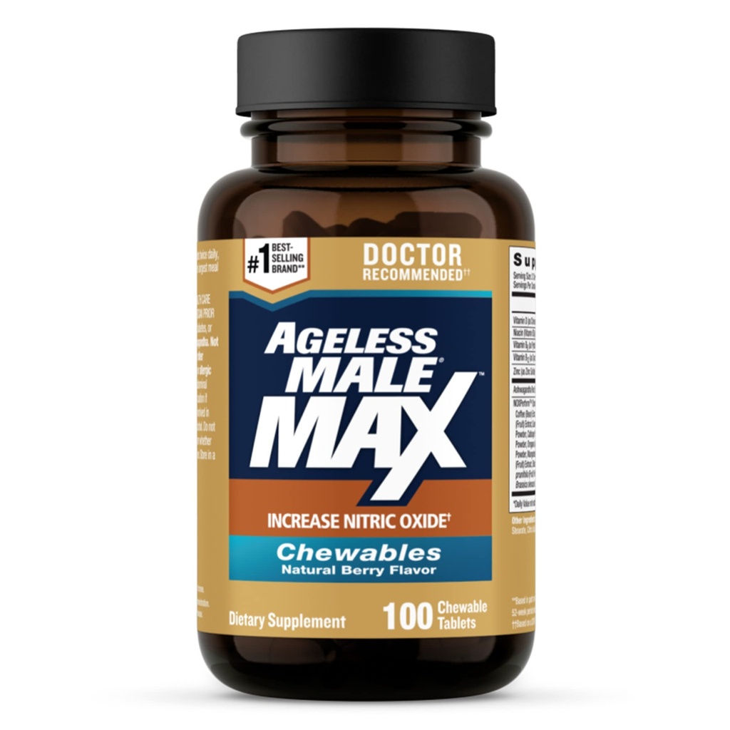 Ageless Mężczyzna Max Chewable Nitric Oxide Booster Supplement for Men - Wysoka potencja Ashwagandha Extract to Boost Workouts, Muscle & Performance, Reduct Stress, Support Sleep - 100 Count