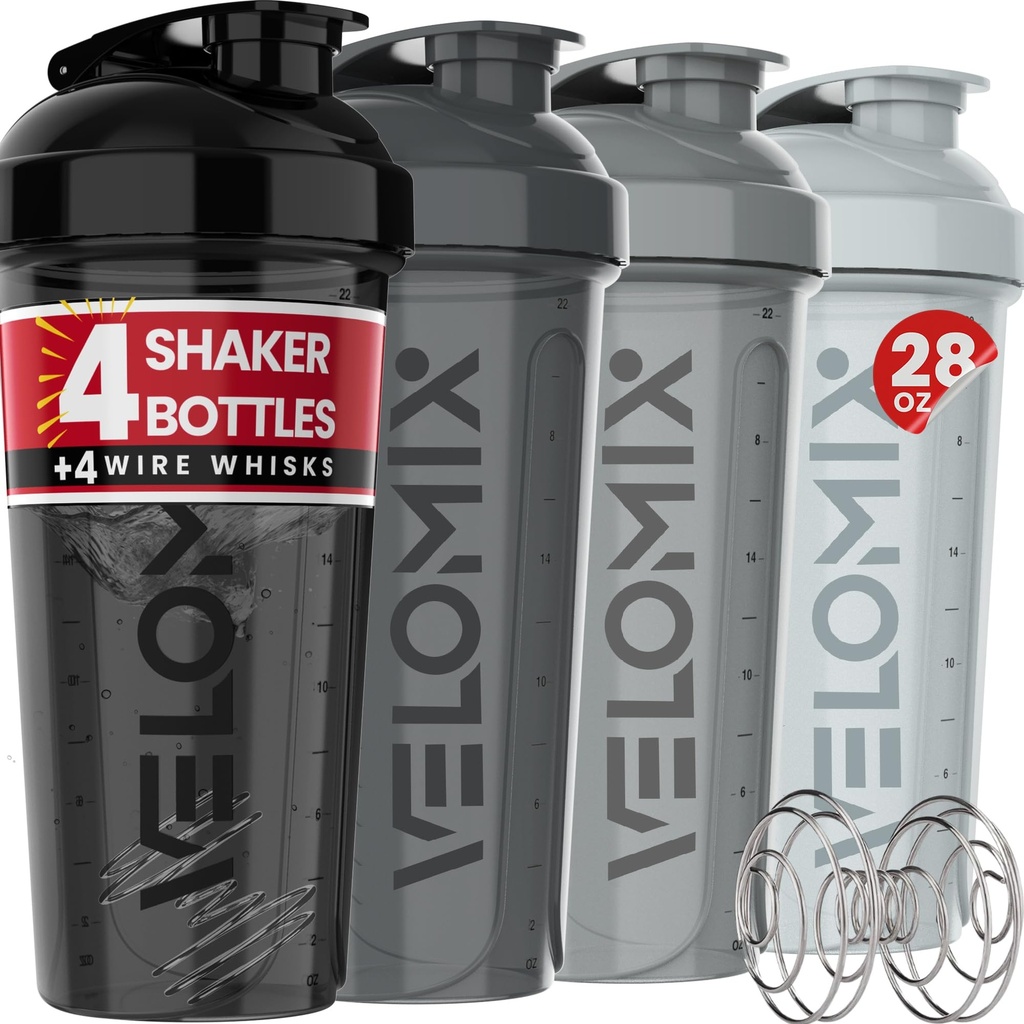 VELOMIX-4 Pack - 28 oz butelki shaker protein do mieszania białek - 4x whiskey drut 124; szklanki shaker do shake 'ów protein 124; butelka shaker protein (Silver Mix)