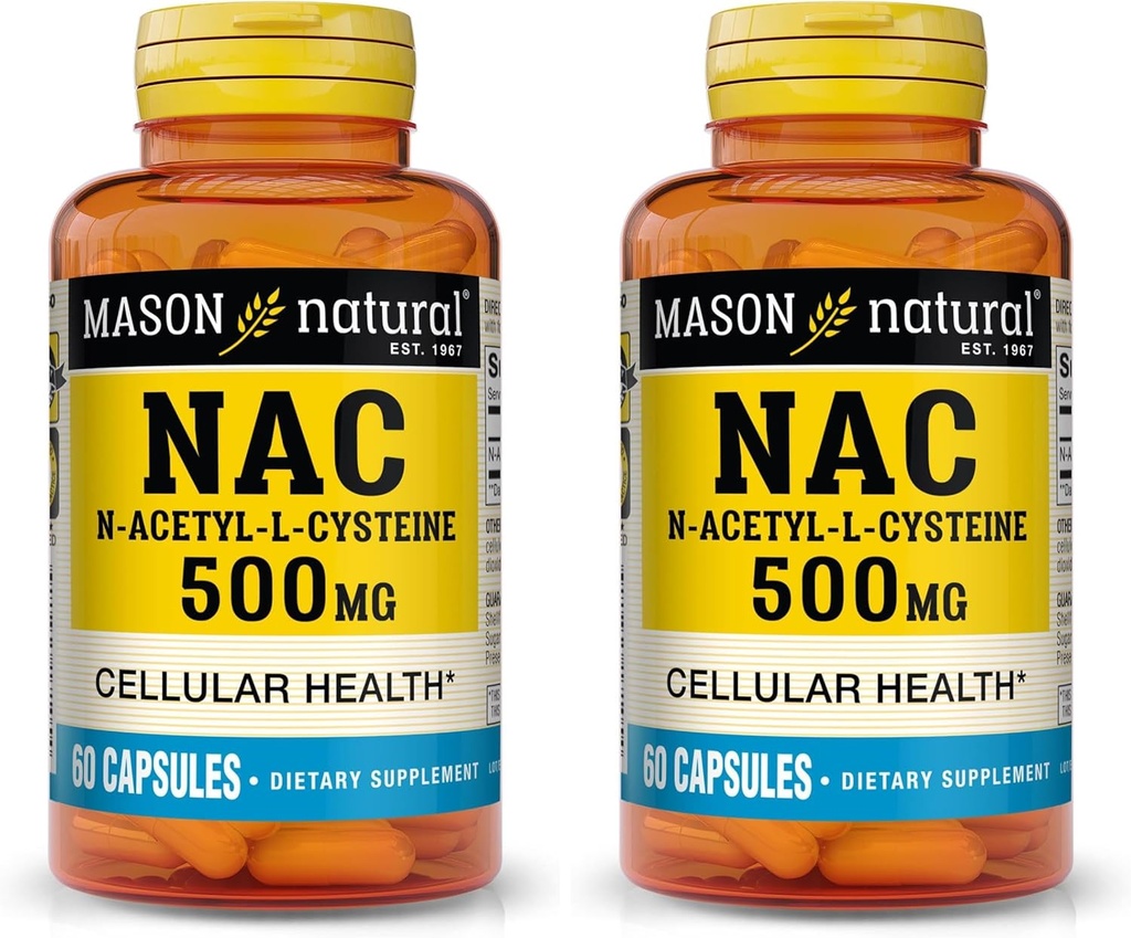 MASON NATURAL NAC N- Acetyl L- Cysteine 500 mg - Wspiera zdrowie komórkowe, Wzmacniacz układu immunologicznego, do ogólnego Wellness, 60 kapsułek (opakowanie po 2)