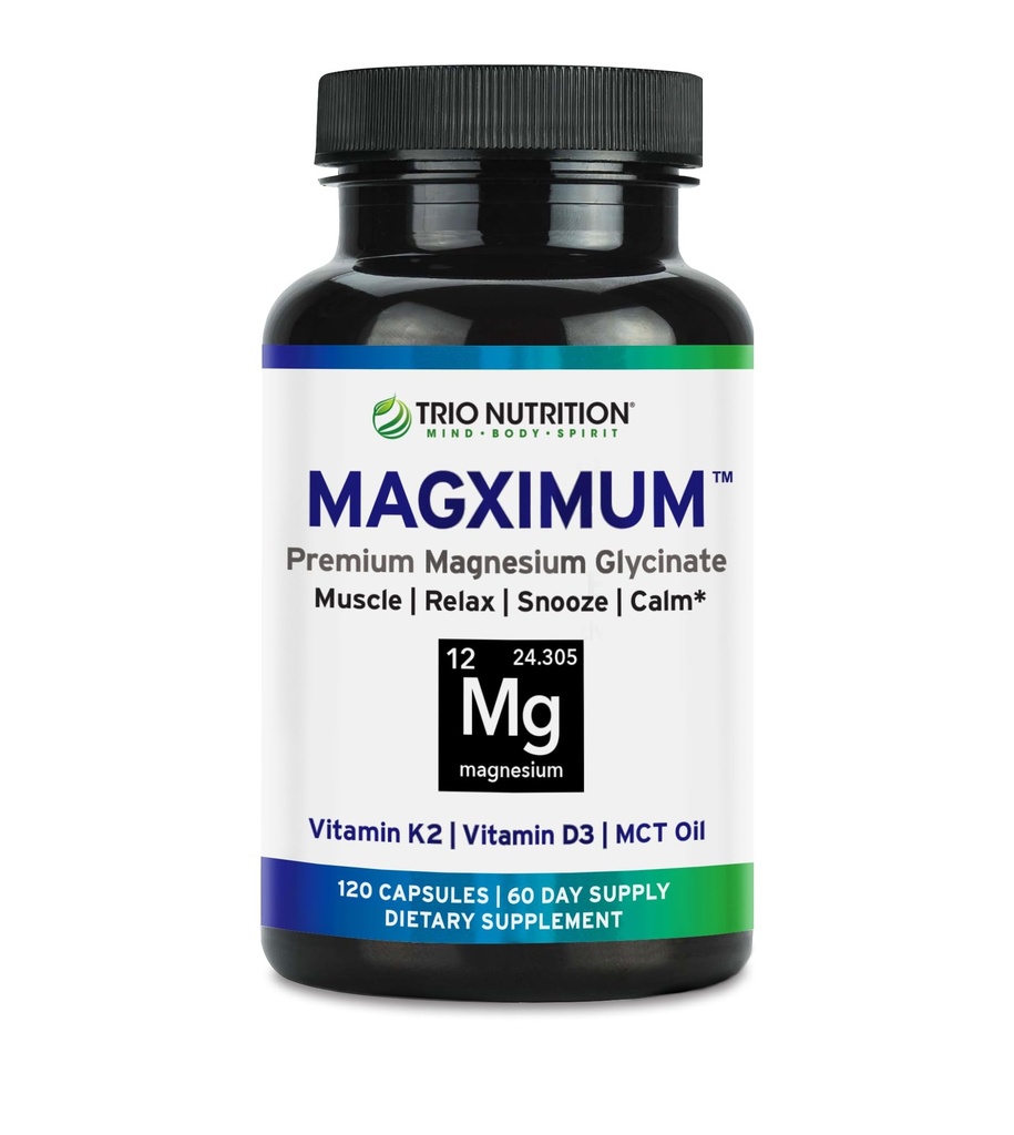 Trio Nutrition MagX Magnezu Glicynian, Witamina D3, Witamina K2 & MCT Olejek 124; Chelated suplement magnezu Agregat 124; Spokój, Relaks i Odzyskiwanie 124; Be Well Rested & Rozpocznij swój dzień z magnezją
