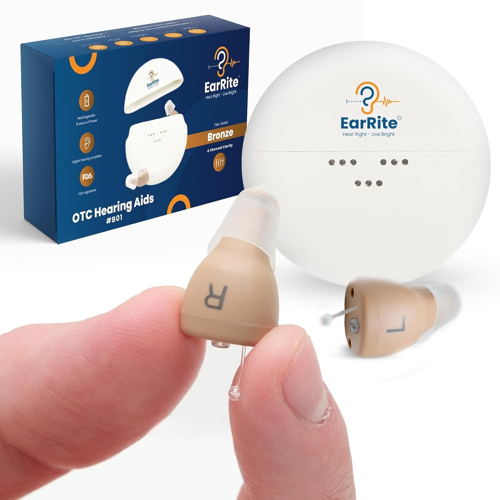 EarRite Recharable OTC Słuchacze dla seniorów - Prawie niewidoczne i wygodne 9 Regulowany poziom Clarity Compact In- Ear Design Cyfrowy wzmacniacz słuchu z redukcją hałasu i ładowaniem
