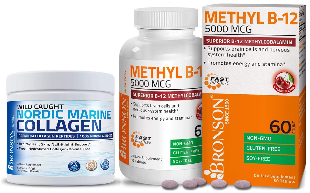 Bronson Marine Collagen Peptydy Białko hydrolizowane Proszek + Metyl B12 5000 µg Witamina B12 Metylokobalamina