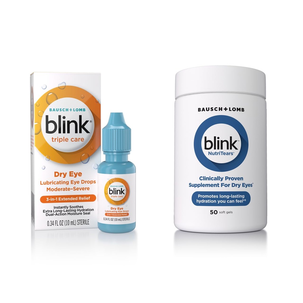 Blink Eye Drops for Dry Eyes, Triple Care Lubricant Eye Drops, Natychmiast Kojące, Nawilżające + Blink Nutritive Tears Clinically Proven Supplement for Dry Eyes, 50 Softgels