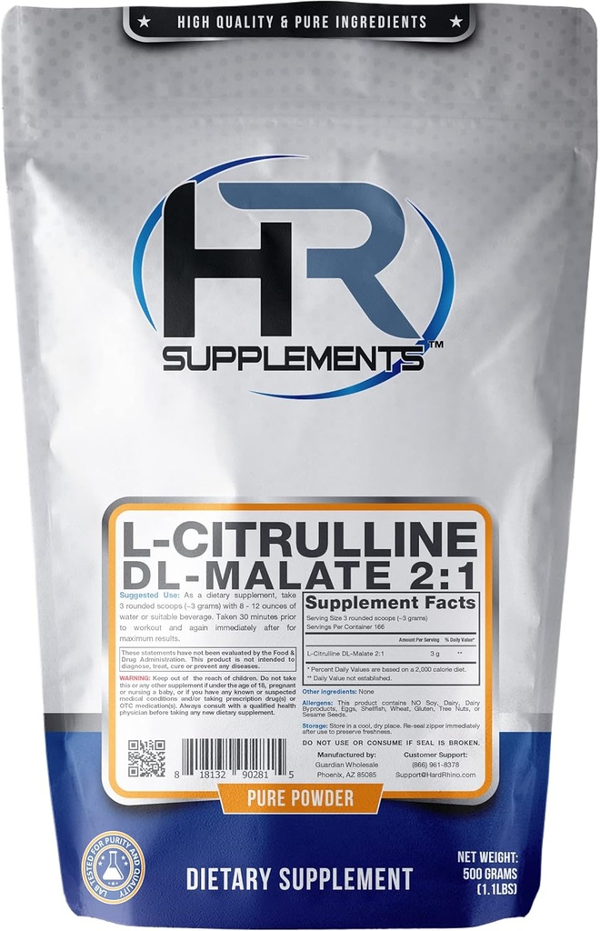 HR Suplementy L- Citrulline DL- Malate 2: 1 Proszek, 500 Grams (1.1 Lbs), Unflavored, Labe- Tested, Scoop Zawarte