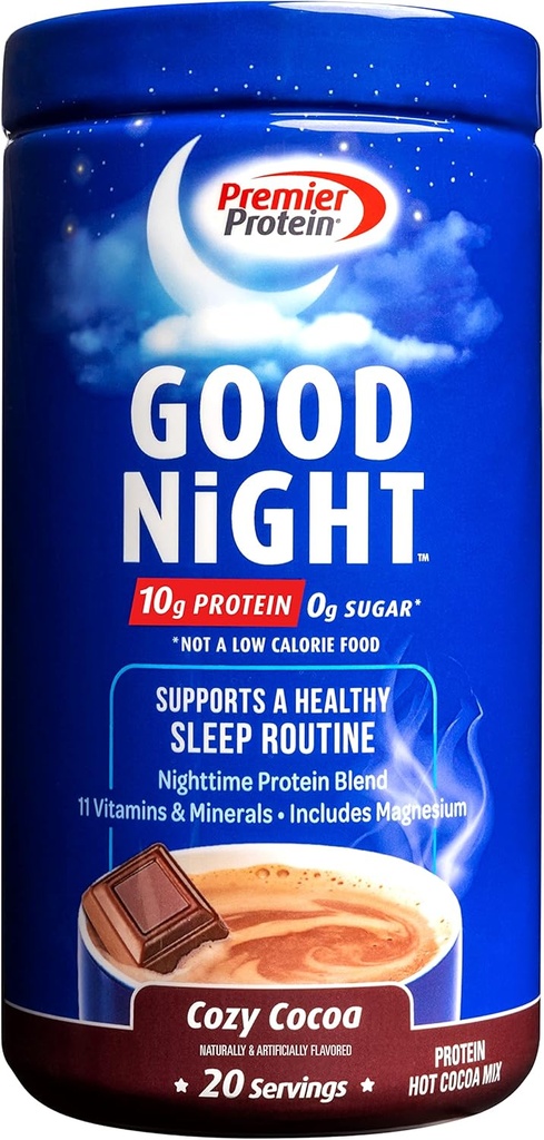 Premier Protein Good Night Protein Powder, Hot Cocoa Mix, 10g Protein, 0g Sugar, 11 Witaminy i Minerały, Mieszanka białka w porze nocnej, Magnez, Cynk, 20 Serve, 1 Tub