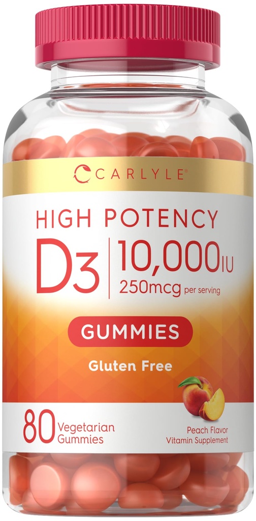 Carlyle Witamina D3 10000iu Gummies dla dorosłych 124; 80 Hrabia 124; Peach Flavored Gummy 124; Wysoka potencja dla kobiet i mężczyzn 124; Wegetarianin, Non-GMO, Gluten suplement