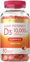 Carlyle Witamina D3 10000iu Gummies dla dorosłych 124; 80 Hrabia 124; Peach Flavored Gummy 124; Wysoka potencja dla kobiet i mężczyzn 124; Wegetarianin, Non-GMO, Gluten suplement