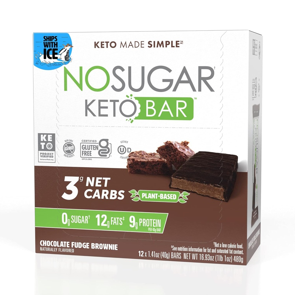 No Sugar Keto Bar Snack, Fudge Brownie, 12 x 1,41oz Bary - Niskie węglowodany No Sugar Keto Snack Food with Keto Friendly Macros, 3g Net Carb, 9g Białko na bazie roślin, 13g Zdrowy Tłuszcz, Cukier wolny (0g)