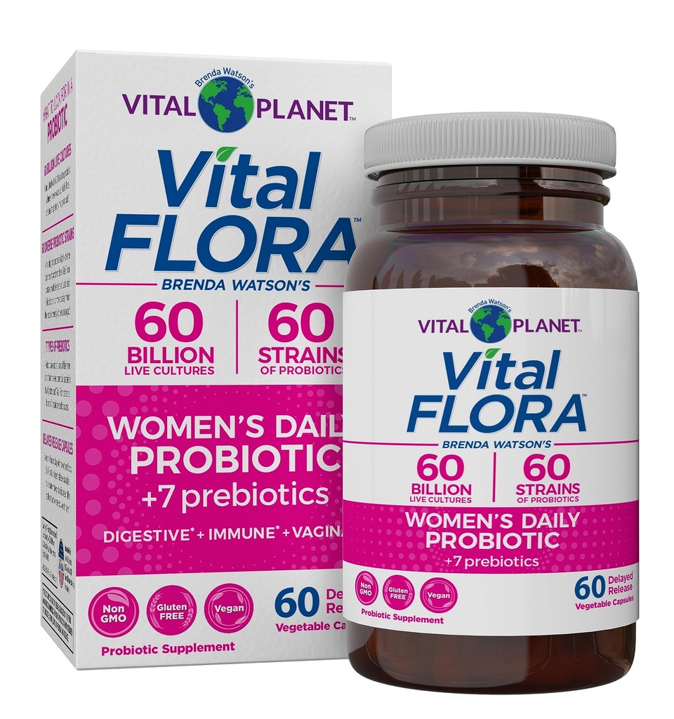 Vital Planet - Vital Flora Women 's Daily Probiotic 60 Billion CFU, 60 Diverse Strains, 7 Organic Prebiotyki, Wsparcie pochwy i immunologiczne, Bloating, Digestive Health Probiotyki dla kobiet 60 Kapsułki