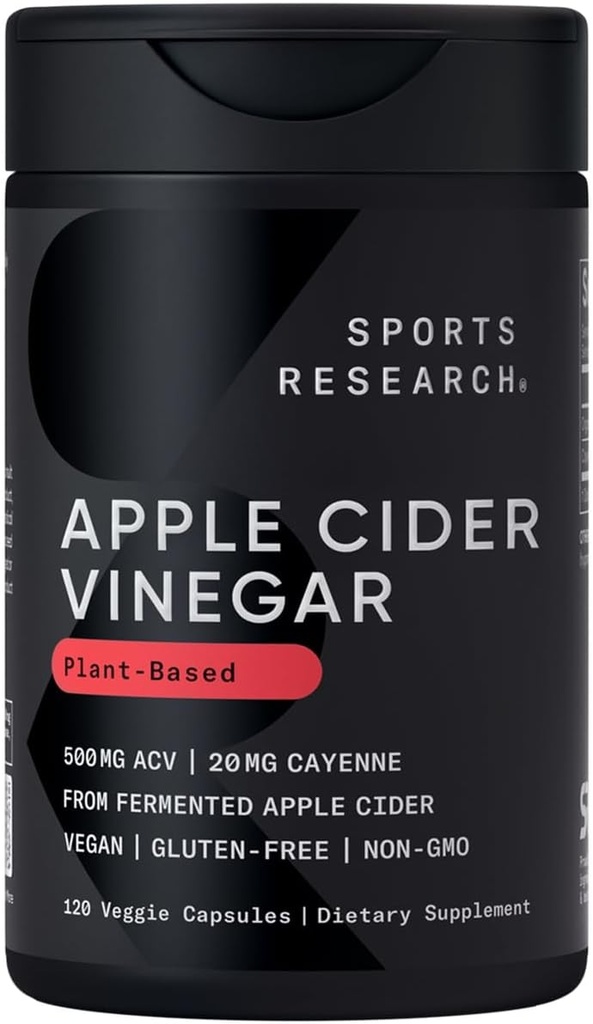 Sports Research Apple Cider Ocet z Cayenne Pepper Nether124; Made from Organic Fermented Apple Cider - NieGMO Projekt zweryfikowany i Wegan Certified (120 Veggie kapsułki)