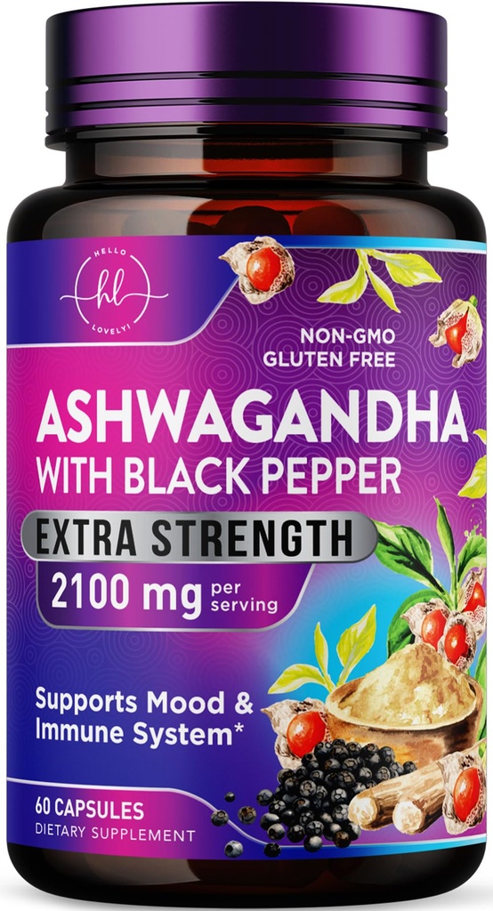Ashwagandha 2,100 mg - Ashwagandha Suplementy dla Kobiet w Kapsułkach Veggie z proszkiem i ekstraktem korzennym, Czarny pieprz do wysokiej absorpcji, Roślina oparta, Non-GMO, Butelki w USA - 60 Kapsułek Veggie