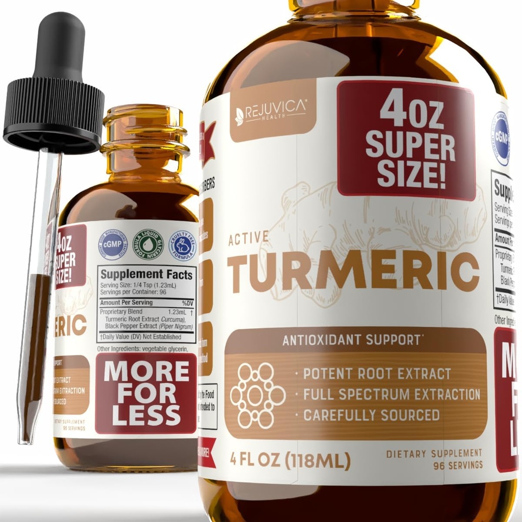 Rejuvica Health Active Turmeric 4oz XL Super Size - Advanced Liquid Supplement Tincture - Curcuma Longa Extract Drops - Turmeric Roots Only - Naturalne Curcumin