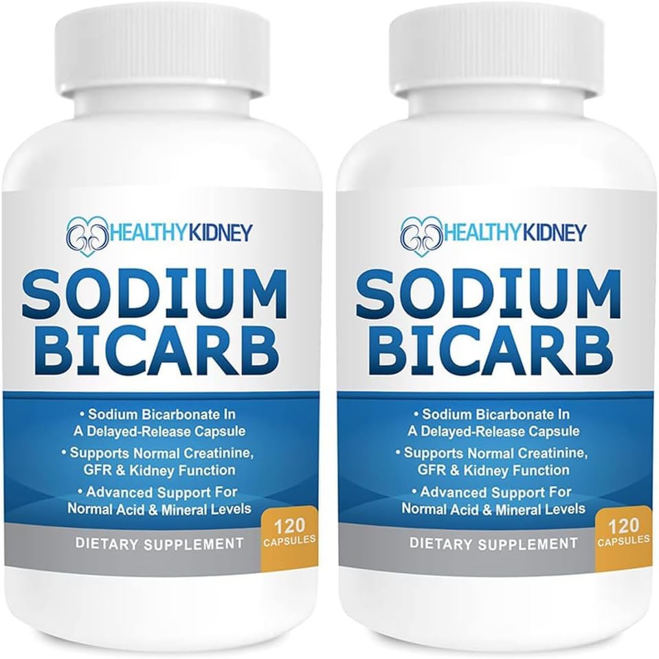 Biwęglan sodu 650mg kapsułki Opóźnione uwolnienie do wspierania normalnej czynności nerek & Suplement do nerek. Dwuwęglan sodu dla kwasu ulgi, alkaliczność 120 tabletek 2-pack