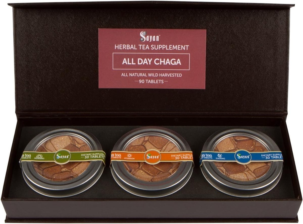 Sayan Syberyjski All Day Set Instant Chaga Mushroom Tea, Pack of 3 Daily Tablets (90 szt.) - Wild- Harderable, Premium Blend - Natural Antioksydant Tea for Immune Support, Energy Boost & Ulepszony trawienie