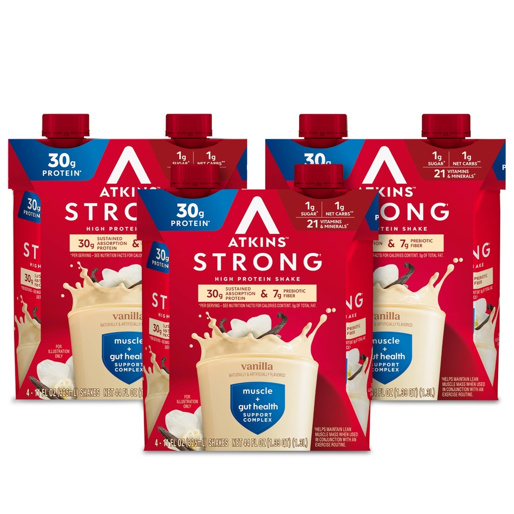 Atkins Strong High Protein Shake, Vanilla Flavored, 30g Protein, Low Carb i Low Sugar Shake, Keto Friendly, Gluten Free, Muscle and Gut Health Support Complex, 12 Count