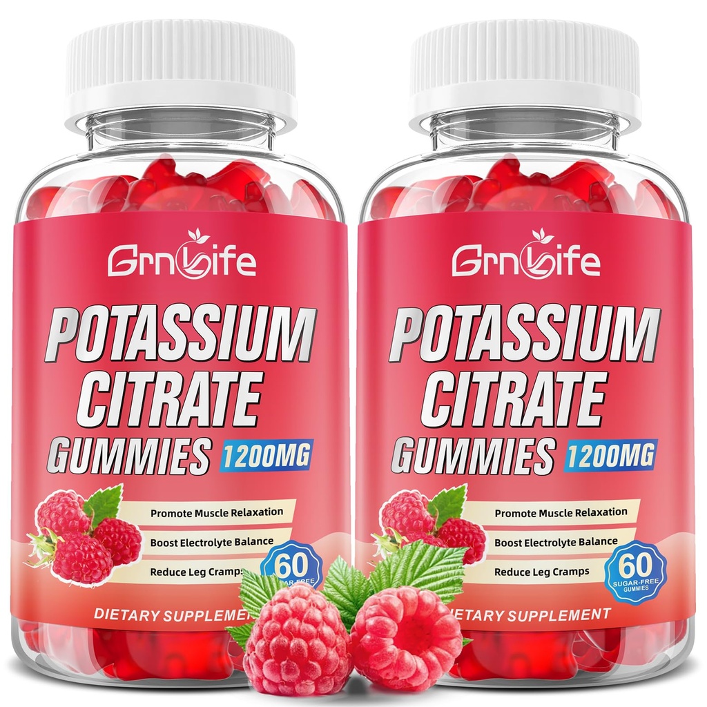 2 Pack Gummies cytrynian potasu, Gummies wysokiej zawartości potasu 1200mg Support Kurcze nóg i mięśni Zdrowie, Gummies potasu dla dorosłych i dzieci, Wegan, Malina Flavor 120 Count
