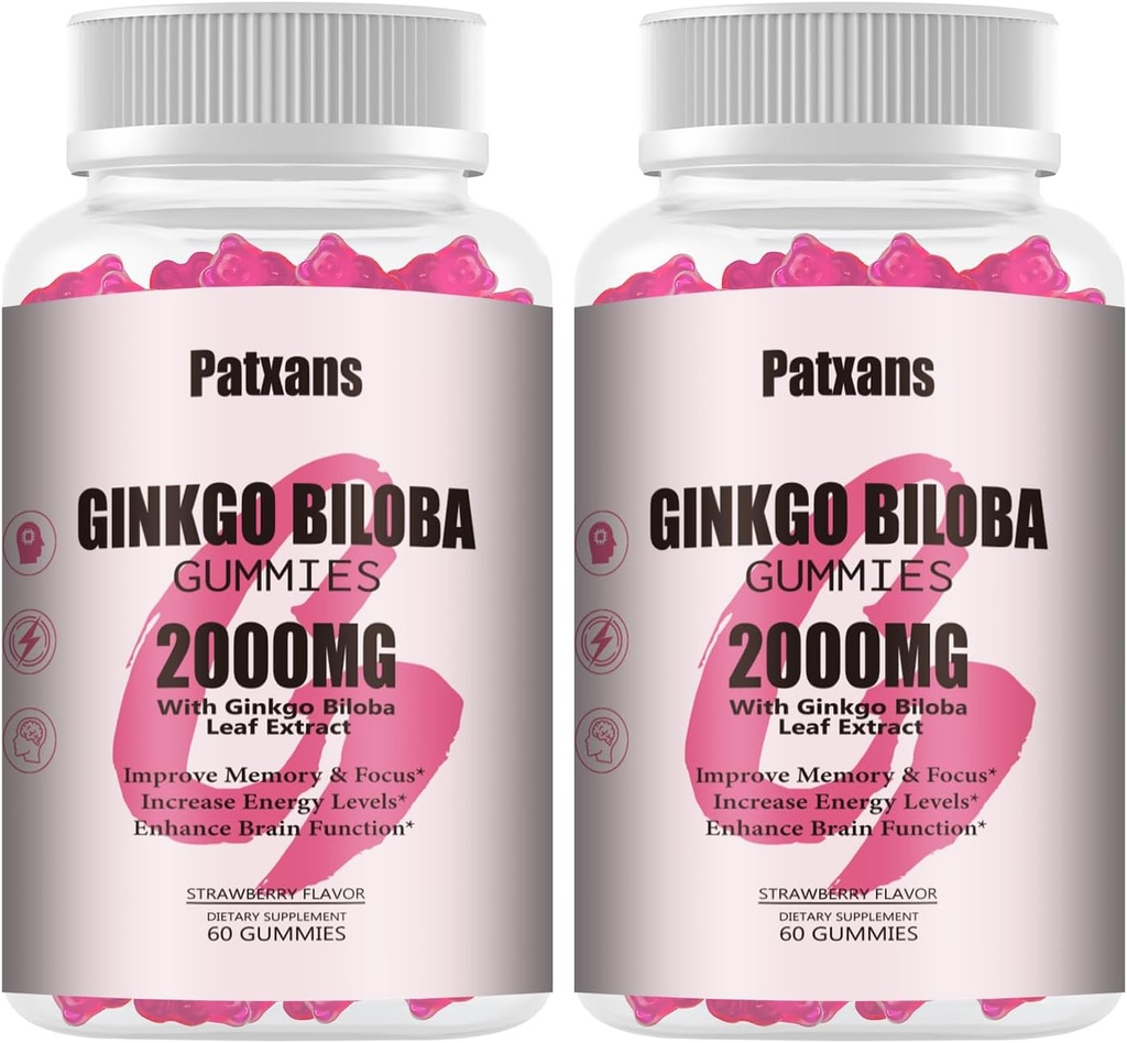 2 Opakowania 2000mg Ginkgo Biloba Gummies - Ginkgo Biloba Suplementy dla wsparcia zdrowia mózgu, Poprawa nastroju i skupienia, Energia, Dorośli, Strawberry Flavor, 120 Count