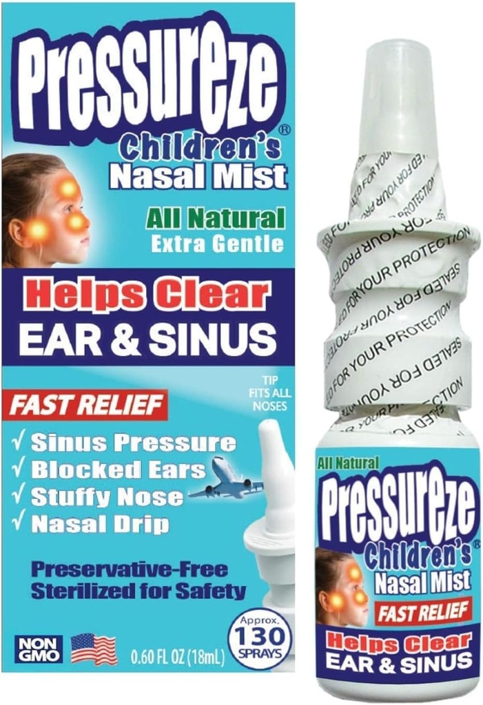 Pressureze Wszystkie naturalne Preservative Sterylny Nasal Spray dla dzieci - Szybka ulga Nasal Spray - dla Sinus alergie i zatory 124; 130 Spray, 18 ml