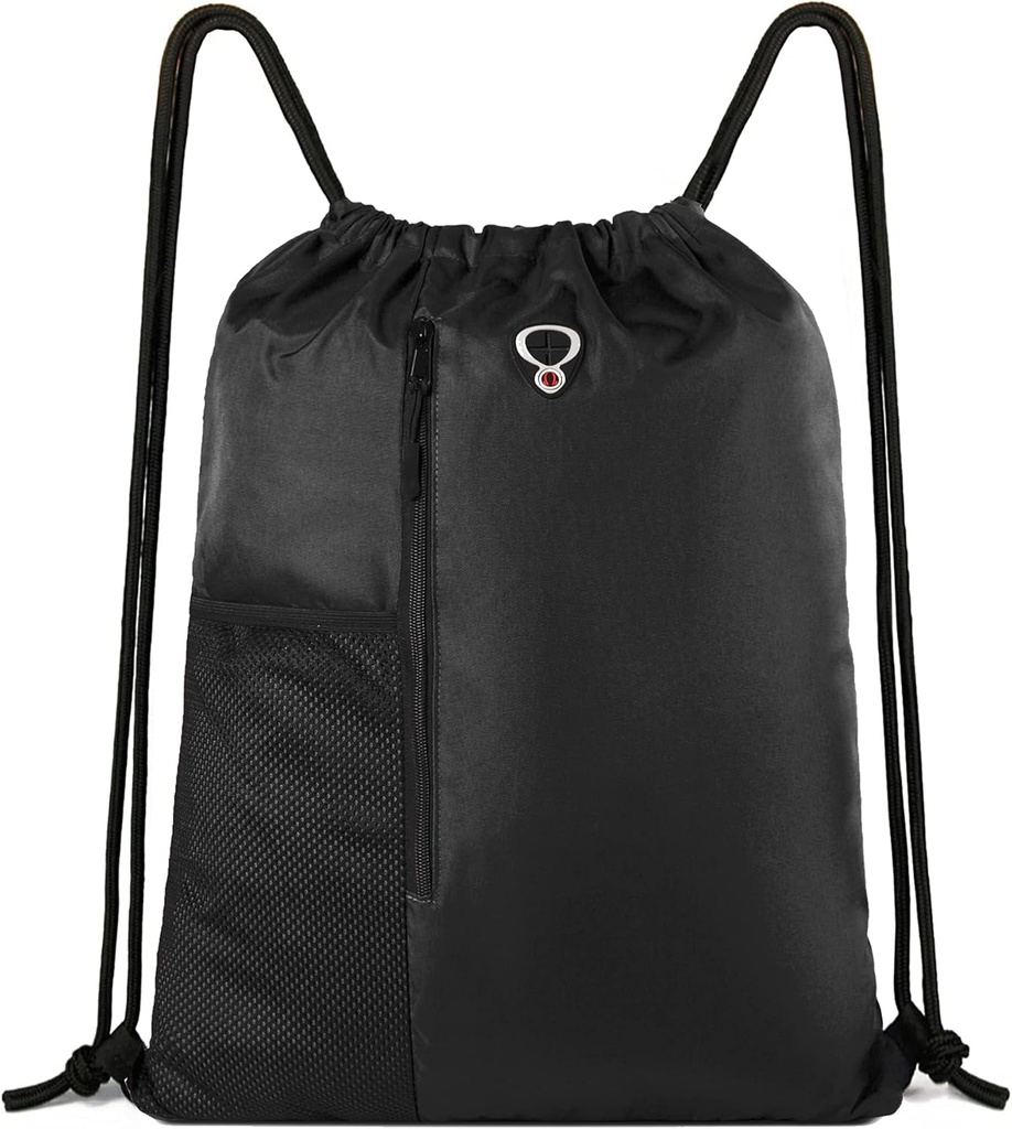 Wołowiny czarny Drawstring Backpack Siłownia dla mężczyzn Kobiety String Sports Backpack z butelki wody Mesh Pockets i 2 Kieszeń Zippert duży pojemnik Sackpack Workout Torba 16 "x 20"