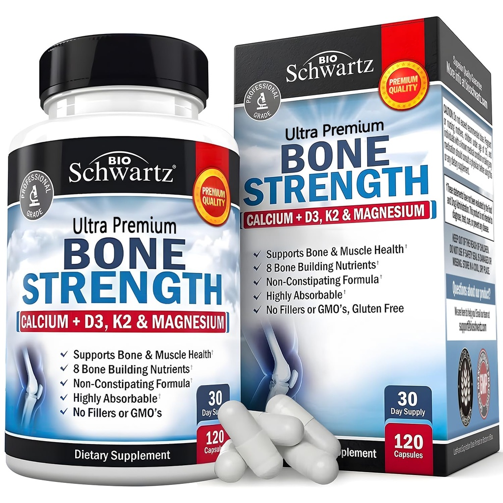 BioSchwartz Bone Strength Supplement - Gentle Non-Constipting Bone Health Supplement for Women & Men with 9- in-1 Complex with Calcium Magnezu cynku D3 K2 & More - 3rd Party Tested - 1 Miesiąc