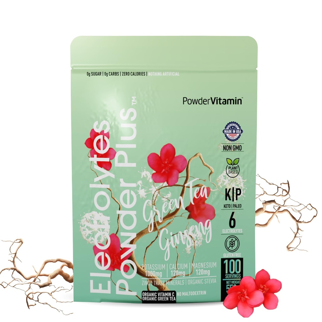 Proszek PowderVitate Electrolytes Plus (100 Servings) Zielona herbata Ginseng Electrolyte Proszek Keto, Cukier wolny, Pink Himalayan Sól, 1000mg potasu, 150mg wapnia, 150mg magnezu, Proszek nawadniający
