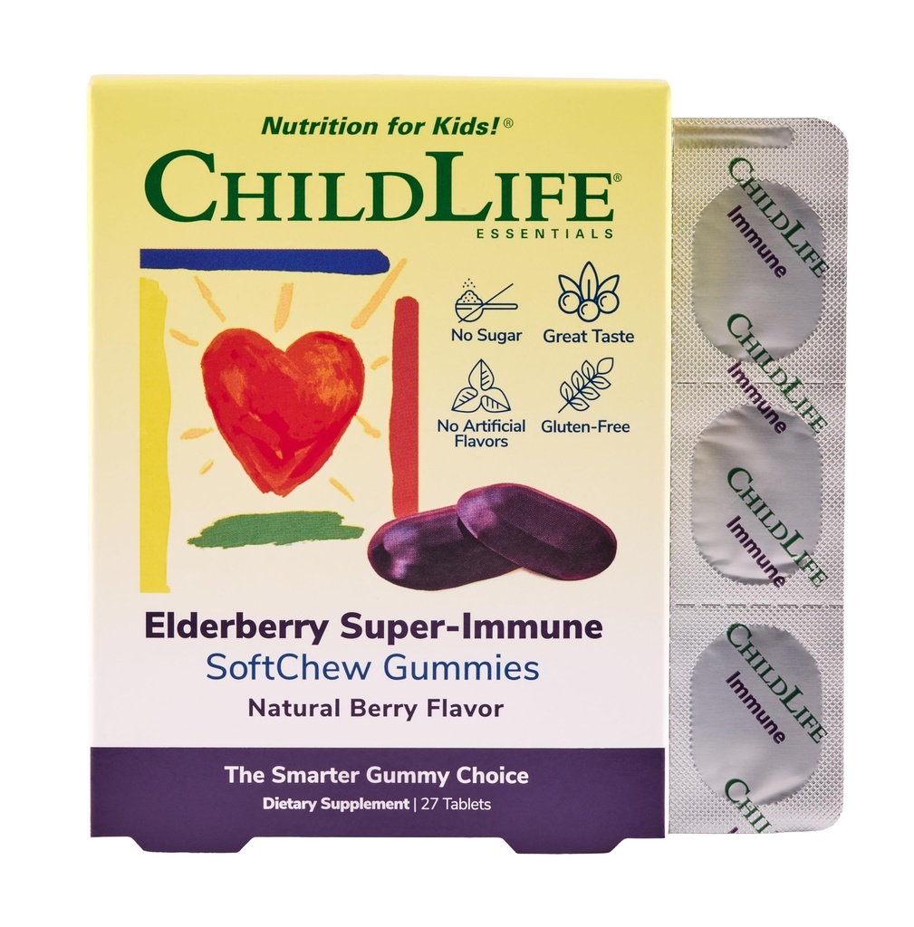 CHIDLIFE ESENTIALLE Elderberry Super- immunologiczne Gummies Chew dla dzieci - Wsparcie immunologiczne z witaminą C i witaminą D3, Elderberry immunologicznego suplementu dla dzieci, Toddlers & Dzieci - Berry, 27 Softchews