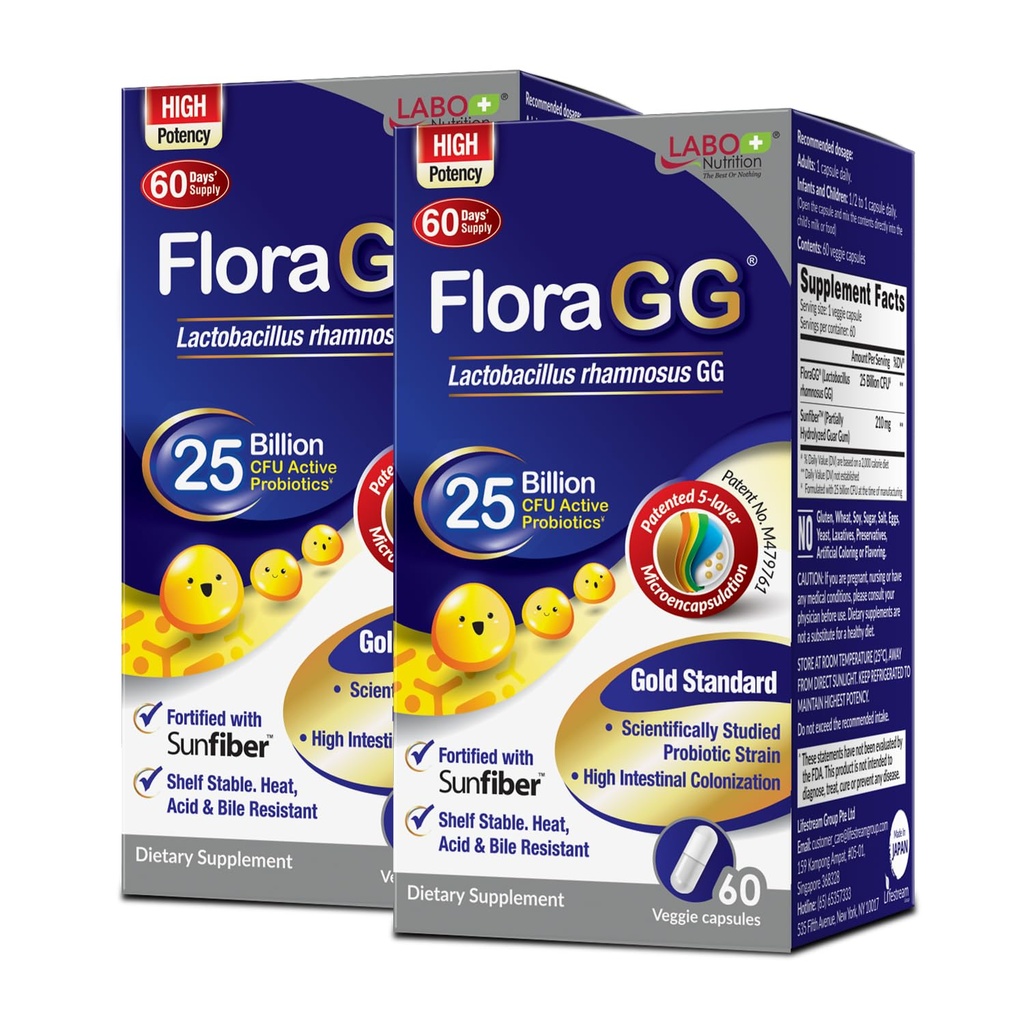 Labo Nutrition FloraGG, Lactobacillus Rhamnosus GG 25 Miliard CFU Aktywne Probiotyki & Sunfiber Prebiotic Fiber Supplement, Wsparcie zdrowej jelit, immunologicznego zdrowia opóźnione uwolnienie i gluten wolny 60sx2