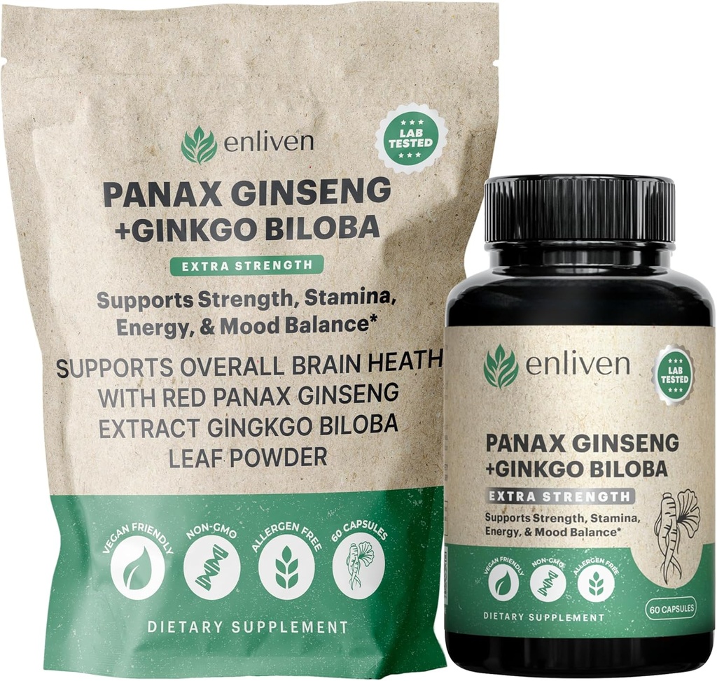 Panax Ginseng & Ginkgo Biloba Suplement dla Energii, Focus & Brain Health 124; Koreański czerwony Ginseng Kapsułki dla Pamięci, Stress Relief & Circulation Resort 124; Natural Cognitive Support 124; 60 Hrabia 124; Made in USA