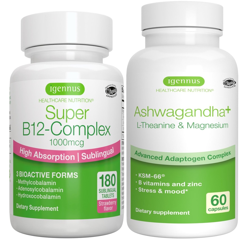 Super B12- Complex 1000mcg + Advanced Ashwagandha KSM- 66, L- Theanine & Magnezu Bundle, Wysoka Absorpcja Podjęzykowa Witamina B12 + Multi Action Adaptogen Complex, przez Igennus