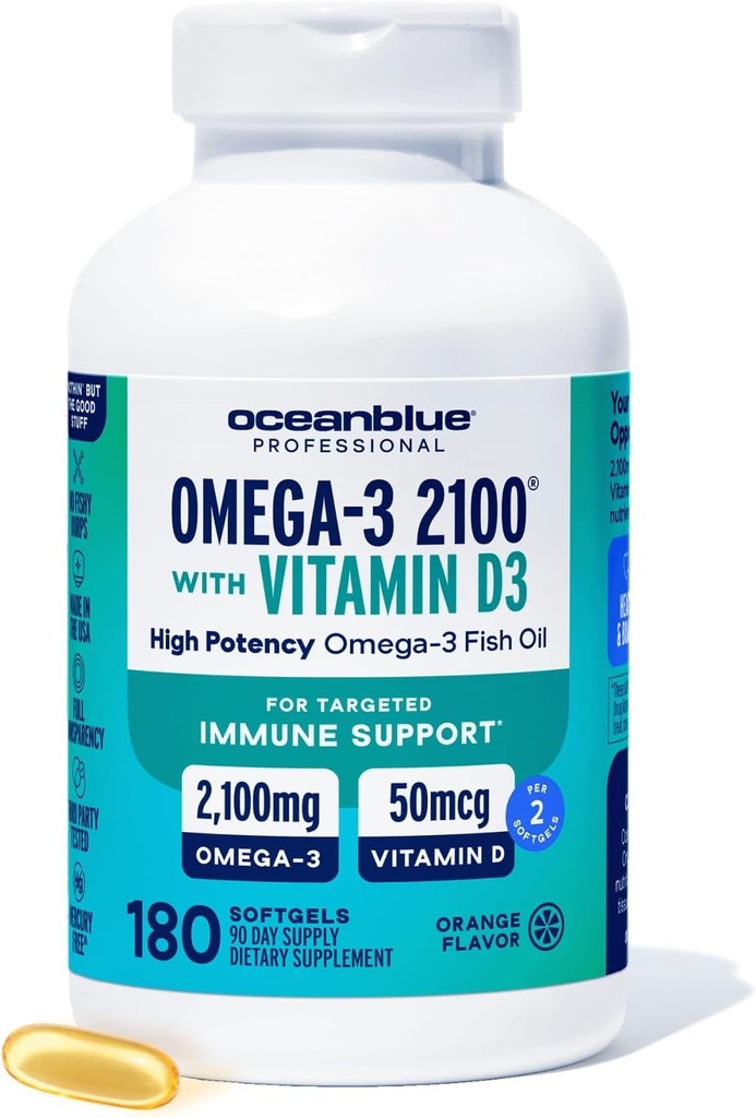 Oceanblue Professional Fish Oil with Vitamina D3 Support 124; Triple Force 2100mg Omega 3 DPA EPA DHA Epinefryna 124; Wild Caught Yellow 124; Burless Orange Flavor, 90 Servings (180 Count)