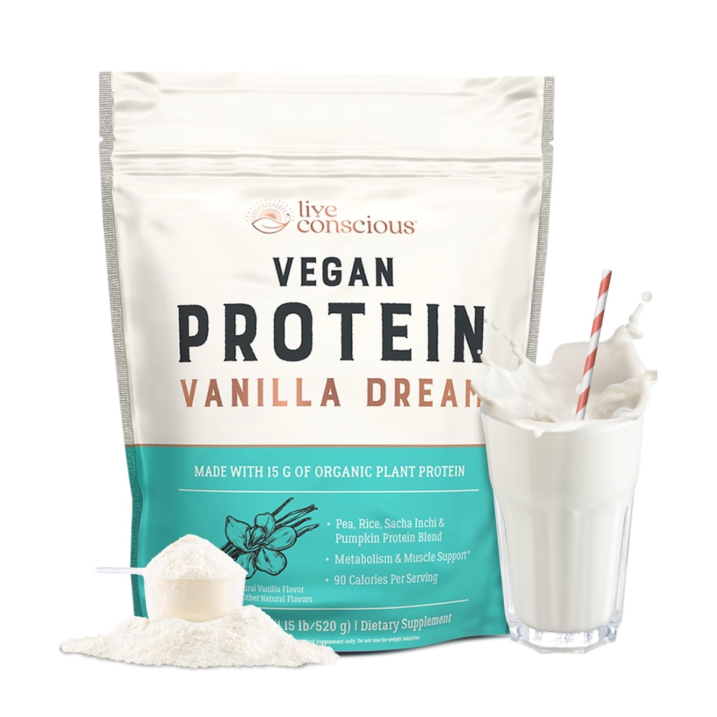 Live Conscious Vegan Pea Protein Powder - Vanilla Dream Flavor 124; Plant- Based Vegan Protein Blend - Pea, Brown Rice, Pumpkin, Sacha Inchi