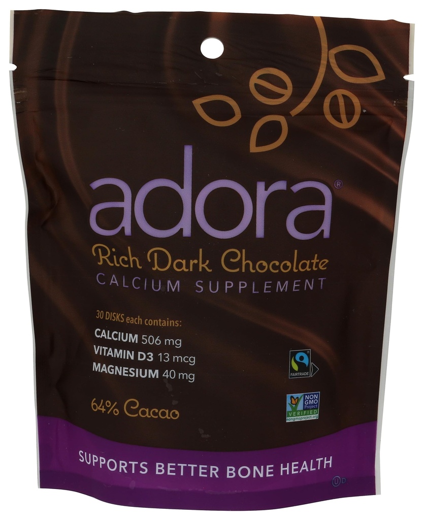 Dysk suplementu wapnia Adora, ciemna czekolada, 30 Count - 500 mg