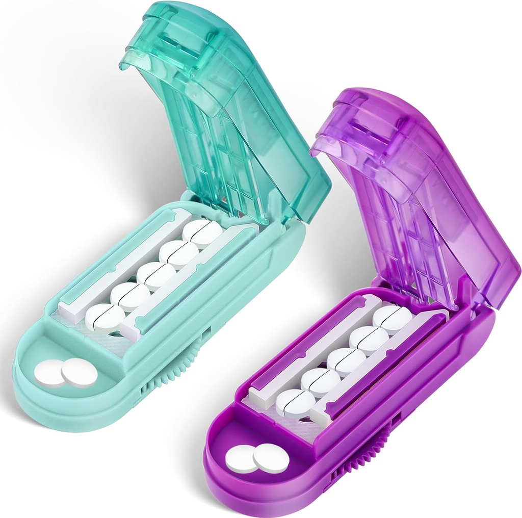 DUBSTAR 2PCS Pill Cutter Splitter for Small and Tiny Pills, Multiple Pill Cutters for Small or Large Pills, Regulable Pill Splitter with Cinting Device and Blade Guard (Purpurowy + Cyan)