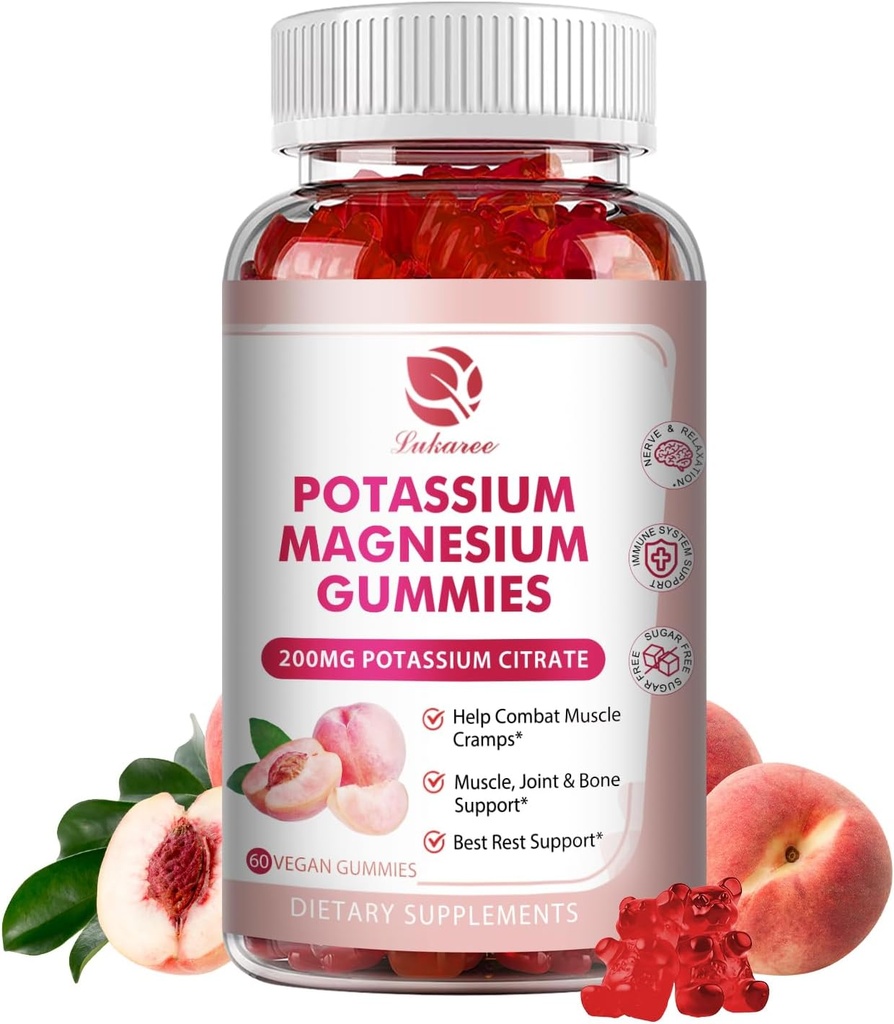 Gummie magnezowe potasu - Gluminian magnezu o wysokiej absorpcji & Cytrynian potasu 200mg Plus Omega 3, B6, D3, K2 & Wapnia - Gummy do żucia dla odporności i energii - Smak brzoskwiniowy - 60