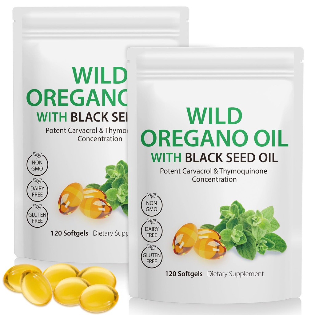 Olej z Oregano Softgels 6000mg Na Podawanie 240 Hrabiego 124; 2 w 1 Spreparowane z Black Seed Oil 200mg, 4X Siła Carvacrol & Thymoquinone Bilans 124; Roślina na bazie, NieGMO & Wsparcie immunologiczne