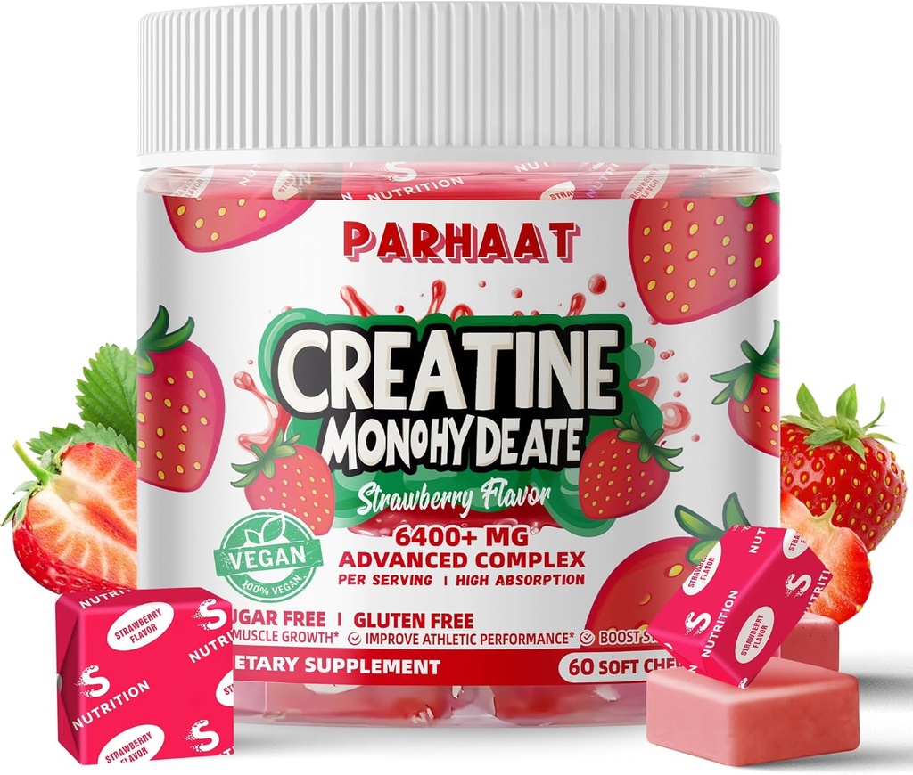 Stworzenie Monohydrat Chews Complex 6400mg dla mężczyzn i kobiet - Advanced Formula W / L- Tauryna + Witamina B12, Sugar Free Chewable Supplement, 60 Truskawki Softchews