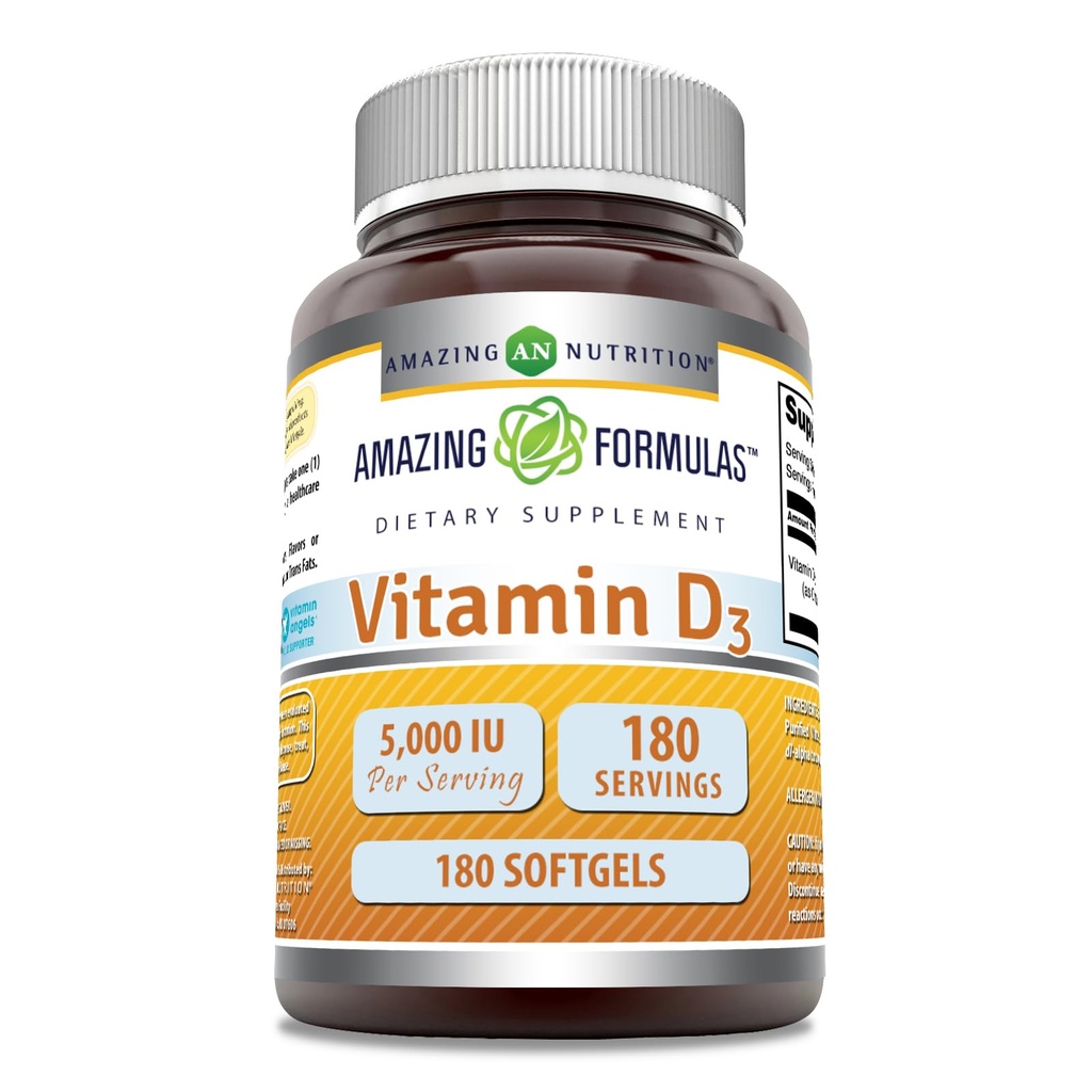 Niezwykłe witaminy D3 (Cholecalciferol) Suplement 124; 5000 j.m. na serwowanie 124; 180 Softgeli 124; Non-GMO 124; Bez glutenu 124; Made in USA