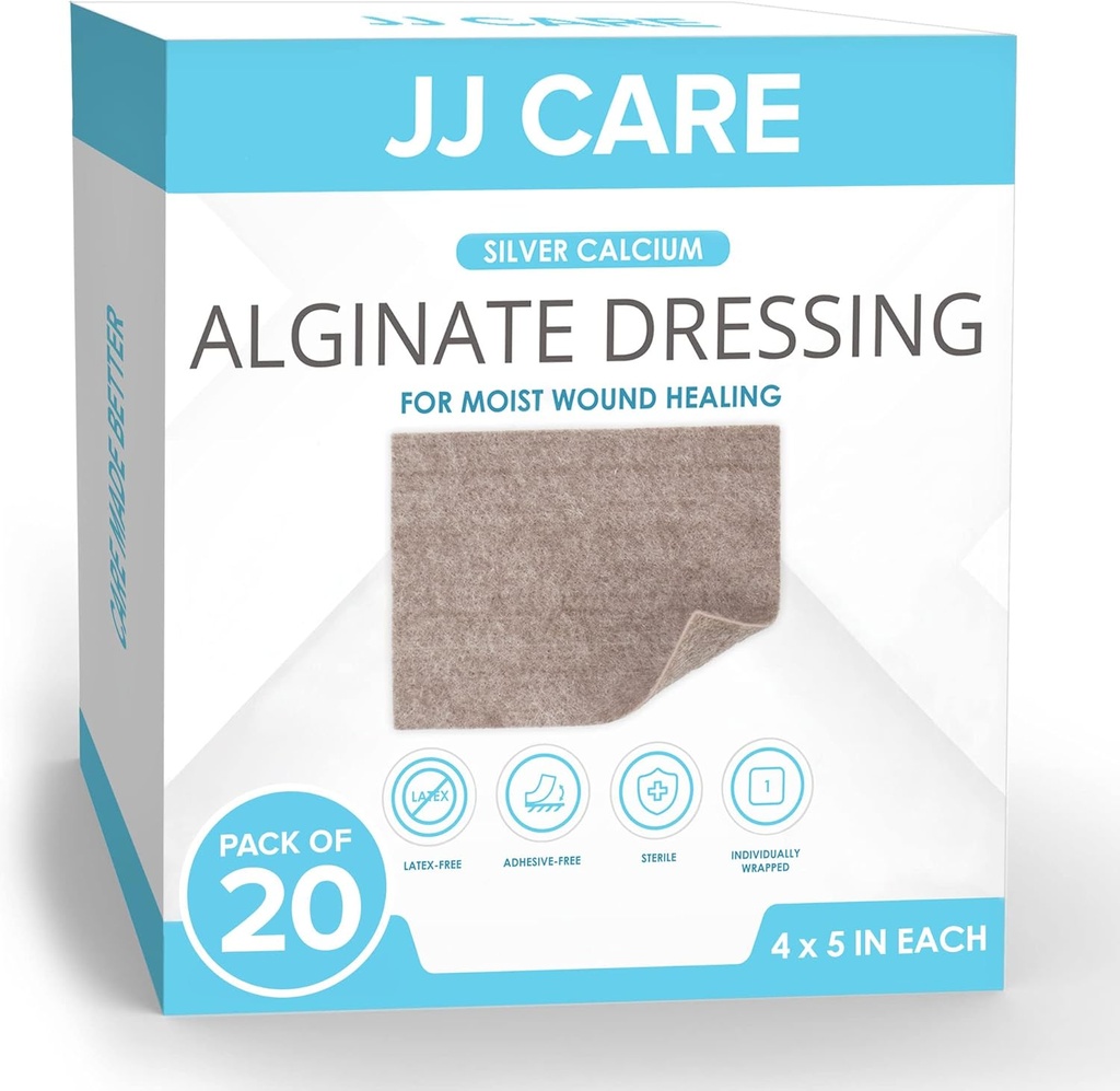 JJ CARE Silver Calcium Alginate Dressing (Pack of 20) 4x5, Silver Alginate Range Dressing Dividual Packed, Wysoko Absorbent Non-Adherent Bandaże do pielęgnacji rany