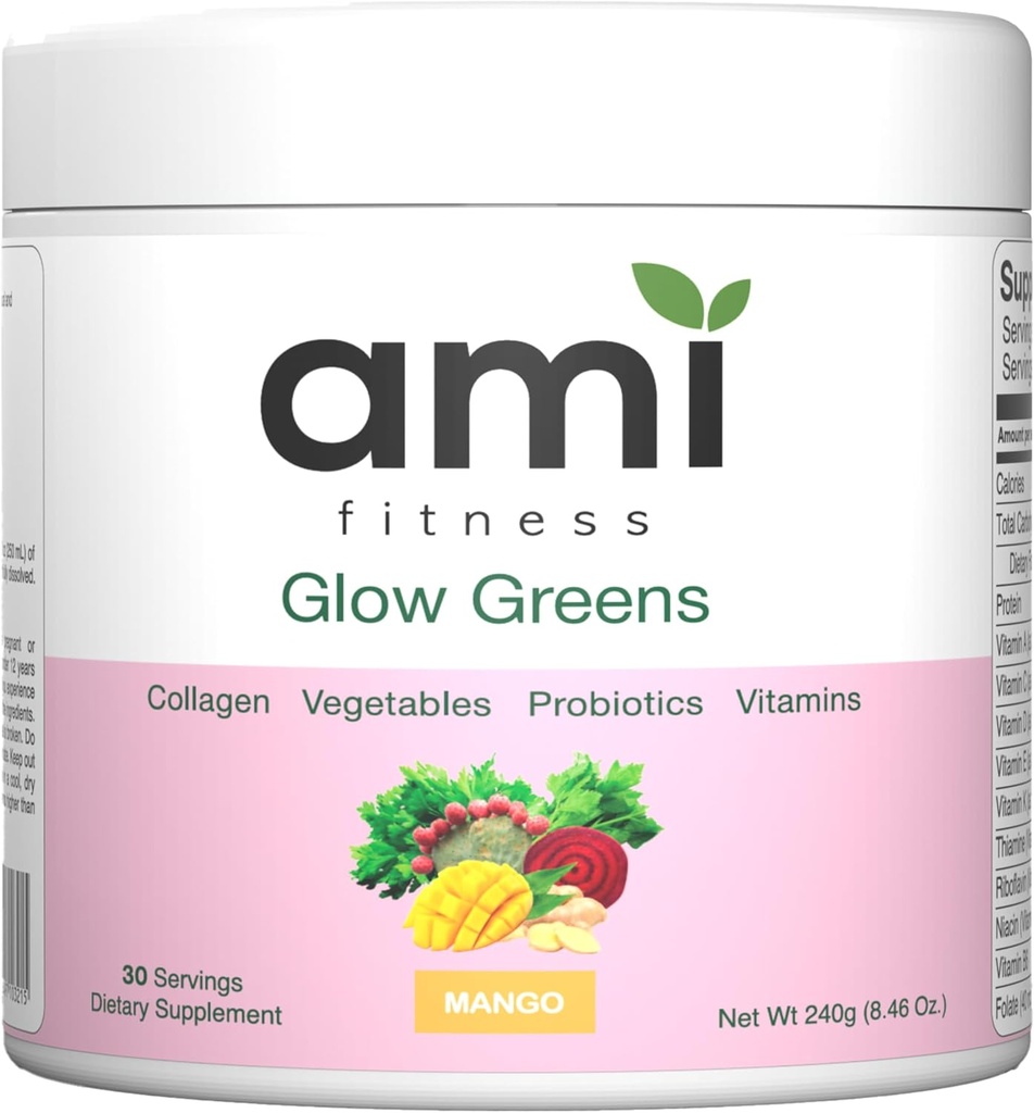 Glow Greens Proszek, Kolagen z probiotyki, Witaminy, Enzymy trawienne, Superfoods, Gut Health, Bloating Relief, Promieniowa Skóra, Natural Glow, Spirulina, Juice Mix, 30 SVG, Mango