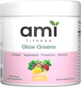Glow Greens Proszek, Kolagen z probiotyki, Witaminy, Enzymy trawienne, Superfoods, Gut Health, Bloating Relief, Promieniowa Skóra, Natural Glow, Spirulina, Juice Mix, 30 SVG, Mango