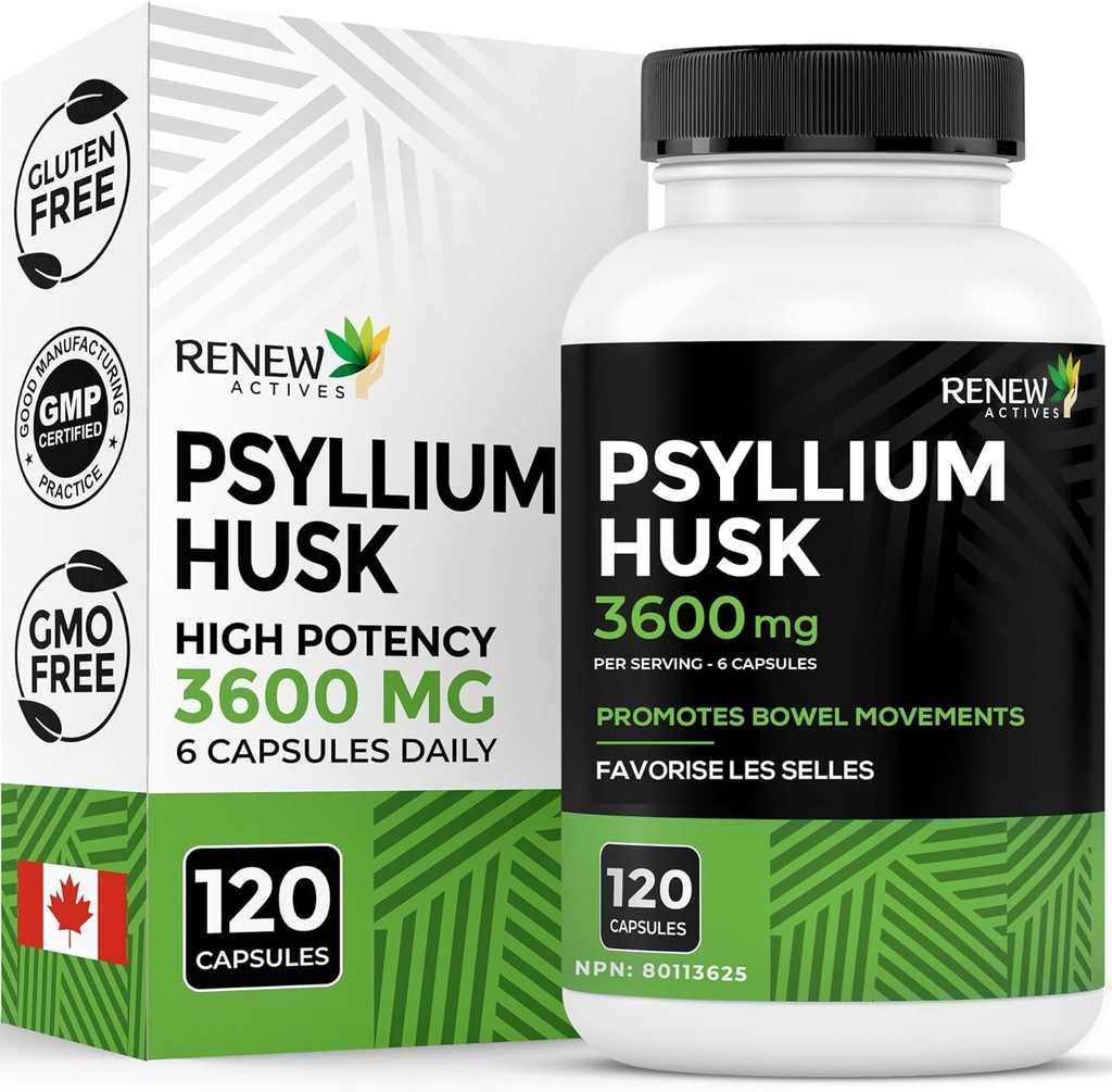 Renew Actives Psyllium Husk 1200MG na 2 Kapsułki - Bulk- Formowanie Laxative & Solvable Fiber for Digestive Health, Regularność & Dorosłe Wellness - Pure Ingredients - Made in Canada - 120 Kapsułki