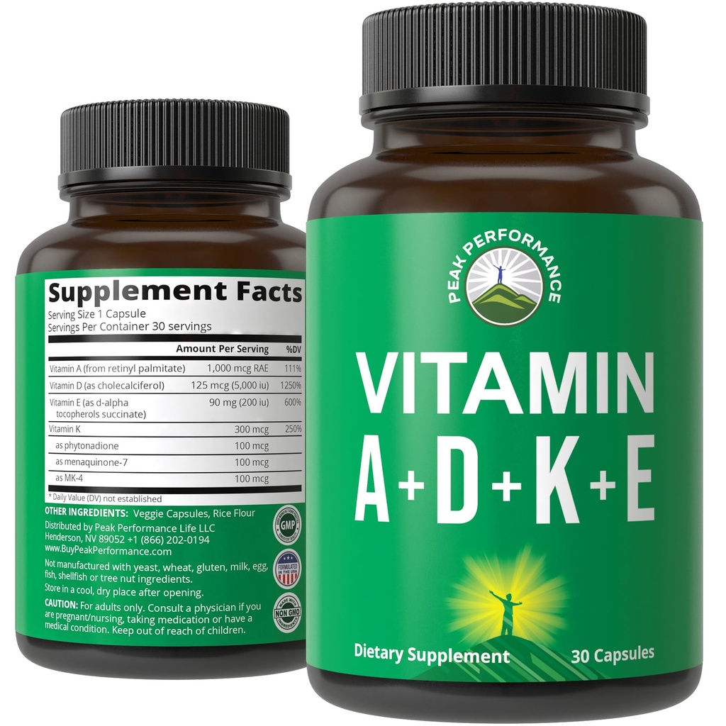 Witaminy szczytowe D 5,000 iu + A + K + E Wszystkie w 1 Łatwe połknięcie kapsułki wegańskiej. Suplement witaminy ADK z E D3 K2. Witaminy niezbędne do nastrojów, immunologicznych, kości, widzenia, serca