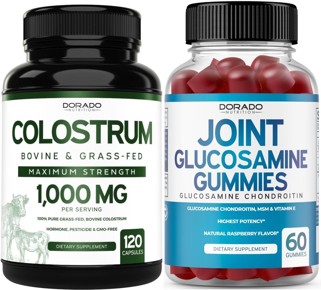 Colostrum (120 hrabiego) Colostrum bydlęce Kapsułki dla dorosłych i glukozaminy Chondroitin (60 Gummies) Wspólne suplementy dla mężczyzn i kobiet z pysznym aromatem malinowym - Vegan Safe & Made in USA