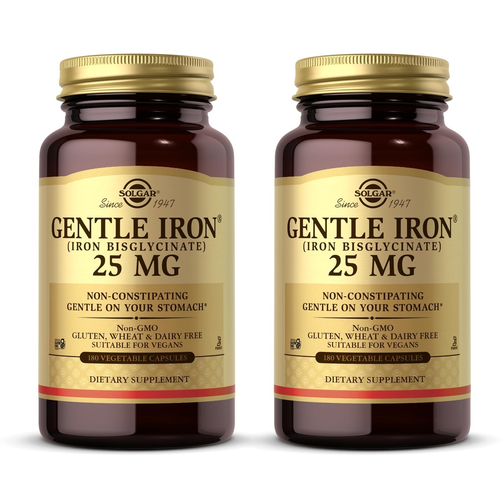 Solgar Gentle Iron (Żelazo Bisglicinate) 25 mg - 180 Kapsułki roślinne, Opakowanie 2 - Non-Constipating, Delikatnie na swoich żołądkach - Non-GMO, Gluten Free - 360 Wszystkich Sług