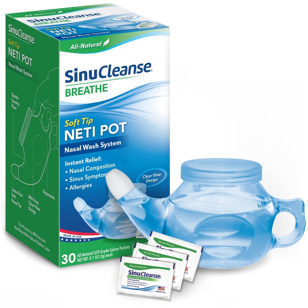 SinuCleanse Soft Tip Neti Pot Nasal Wash System, Relieves zator nosa ze względu na zimno & Flu, Suche powietrze, alergie, 30 All- Natural Saline Pakiety, Made in USA