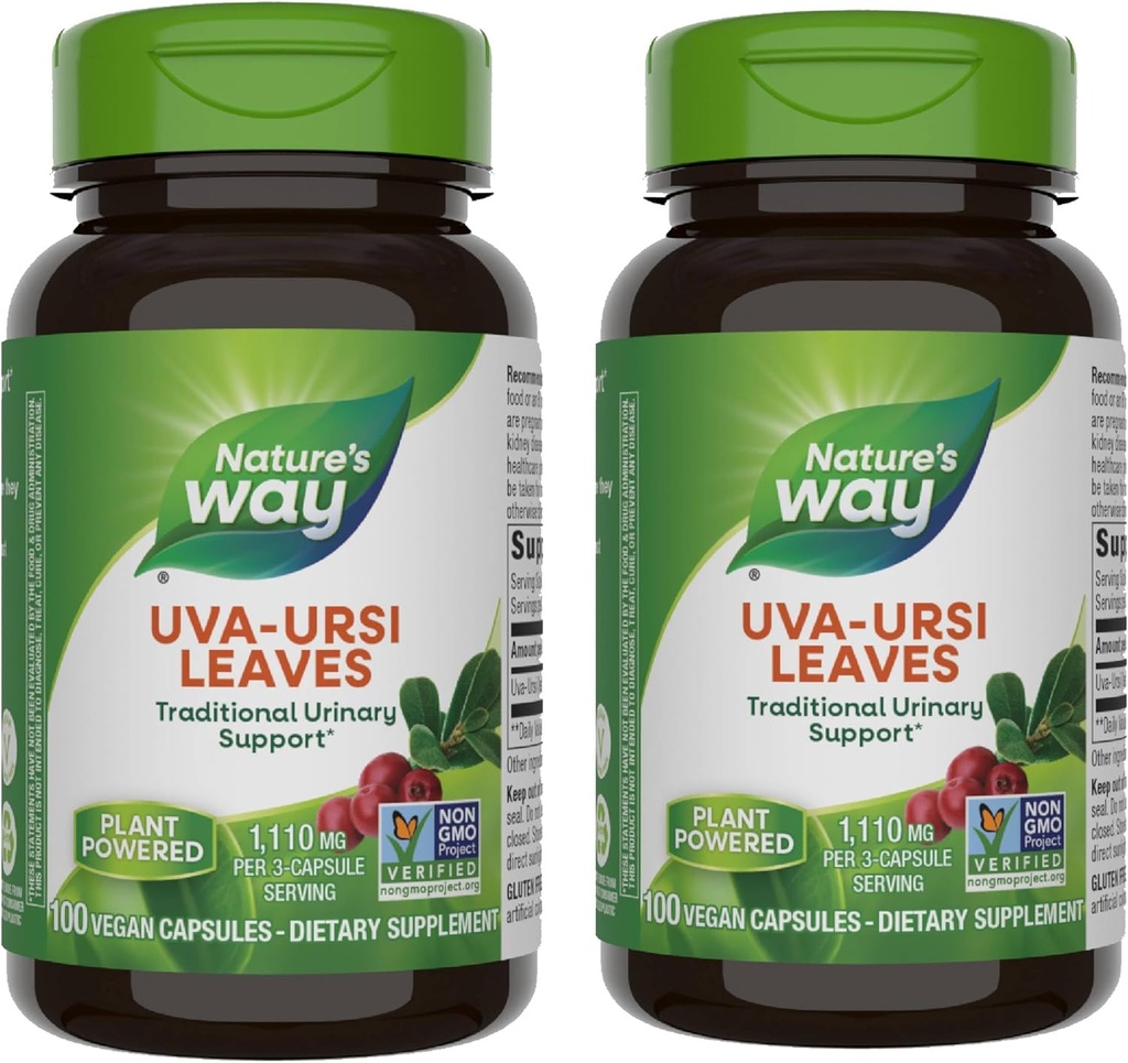 Nature 's Way Uva Ursi Leaves, Tradycyjne wsparcie moczu *, 1,110 mg na 3- Capsule Serving, Non-GMO Project Verified, Herbal Dietary Supplement, 100 Kapsułki Vegan (Packaging May Vary) - 2 Pack