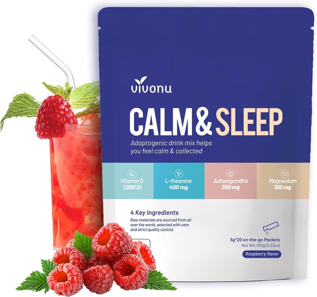 VivoNu Calm & Sleep proszkowany napój Mix Raspberry L Theanine Ksm- 66 Ashwagandha Magnezu Glicynian Witamina D 3 Suplementy do relaksacji i koncentracji (VSC _ M2)