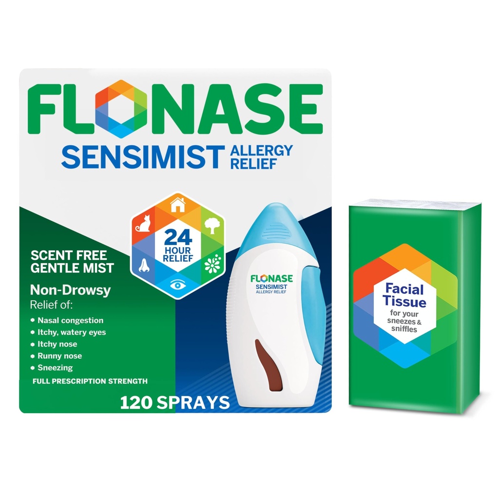 Flonaza Sensimist Alergia Relief Nasal Spray - Non- Drowsy 24HR Długotrwałe Alergia Relief Fine, Scent- Free Mist - 120 Sprays Plus Bonus Pack of Titsues