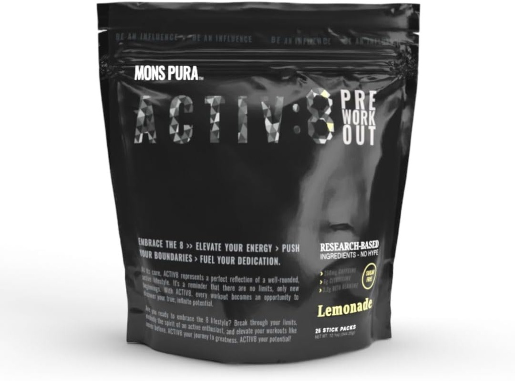 Activ8 Pre- Workout Lemoniada Pouch: Energize Trening z składników opartych na badaniach - 250 mg kofeiny, bez cukru 25 Stick Pack